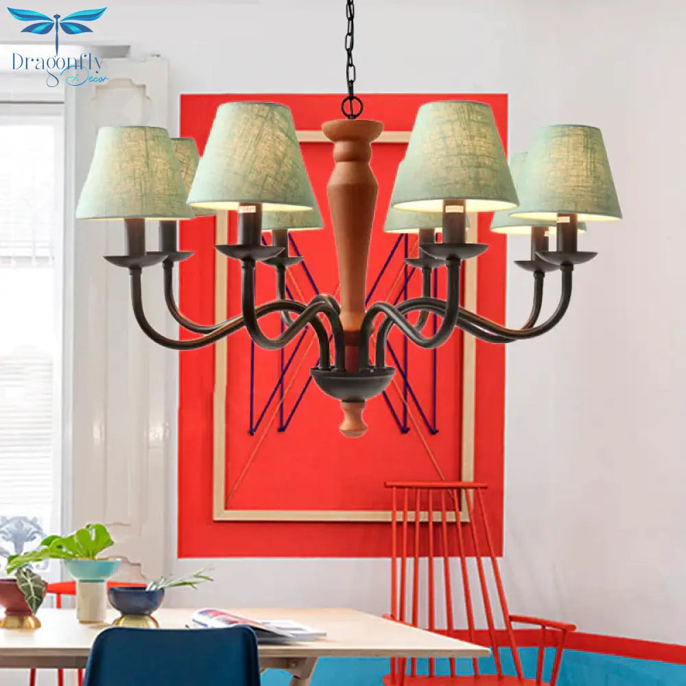 Tapered Living Room Pendant Chandelier Vintage Fabric 3/8 Lights Green/Beige Ceiling Suspension Lamp