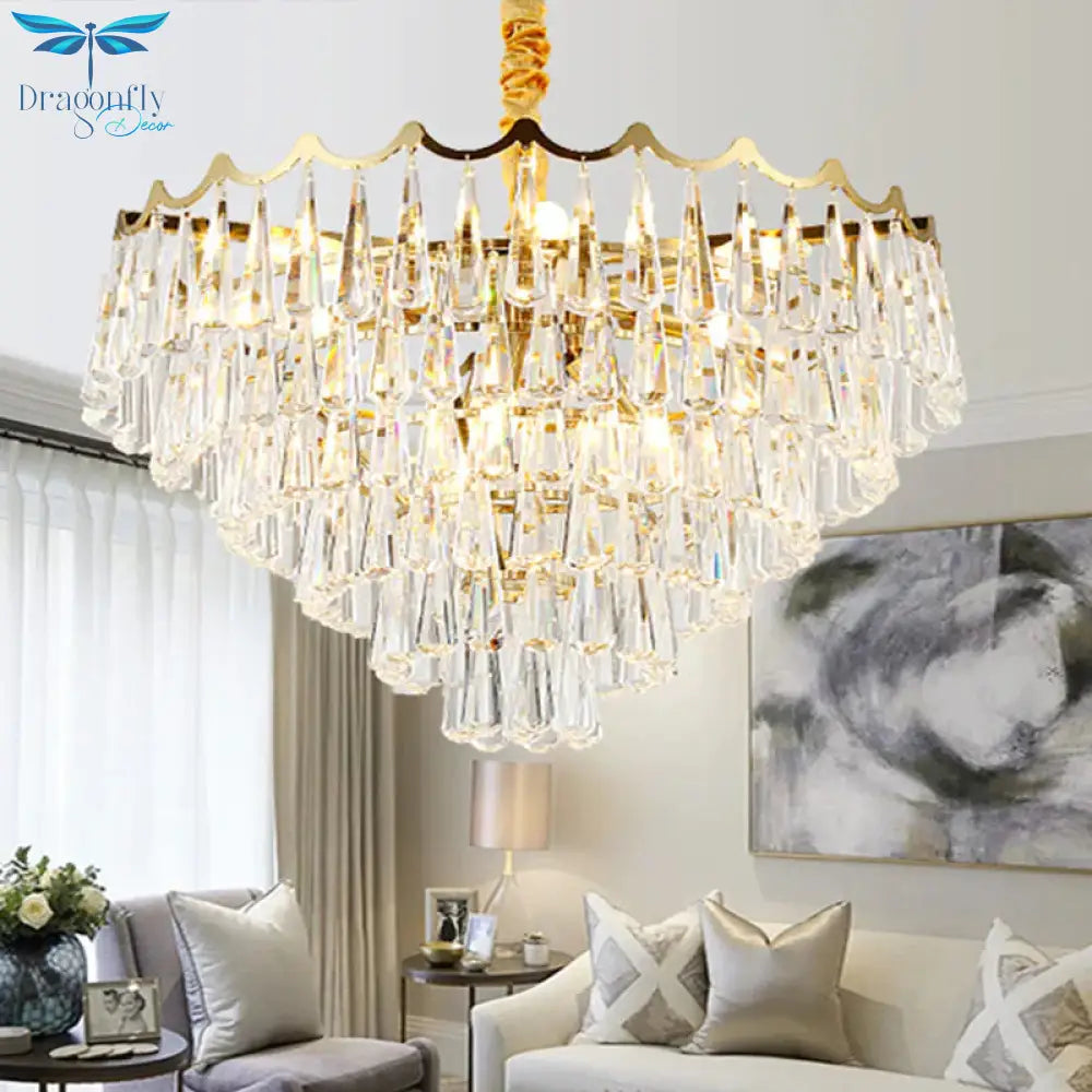Tapered Waterdrop Crystal Chandelier Light Postmodern 9 Heads Living Room Ceiling In Gold