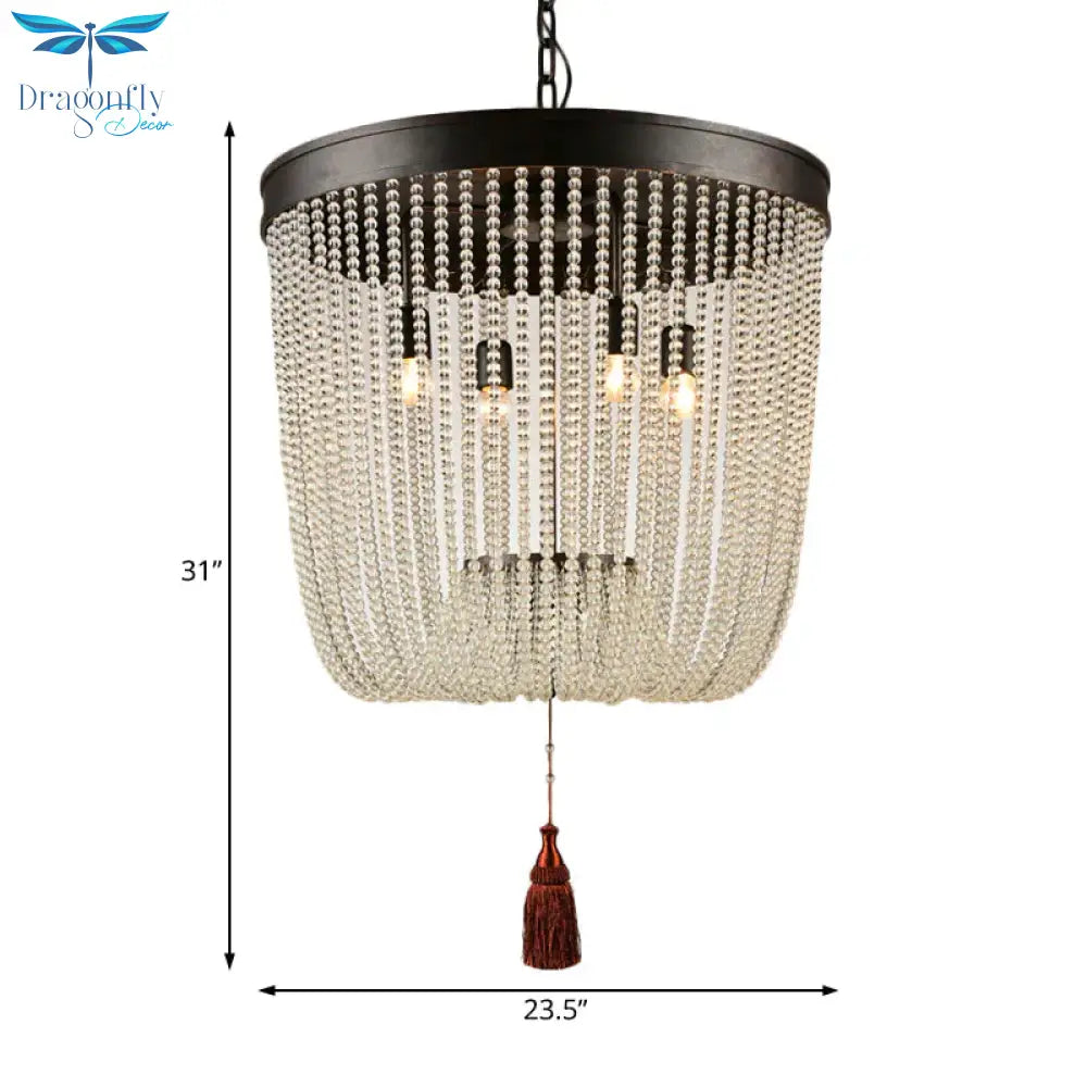 Tassel Crystal Hanging Chandelier Retro 4 Heads Black Ceiling Pendant Light For Restaurant