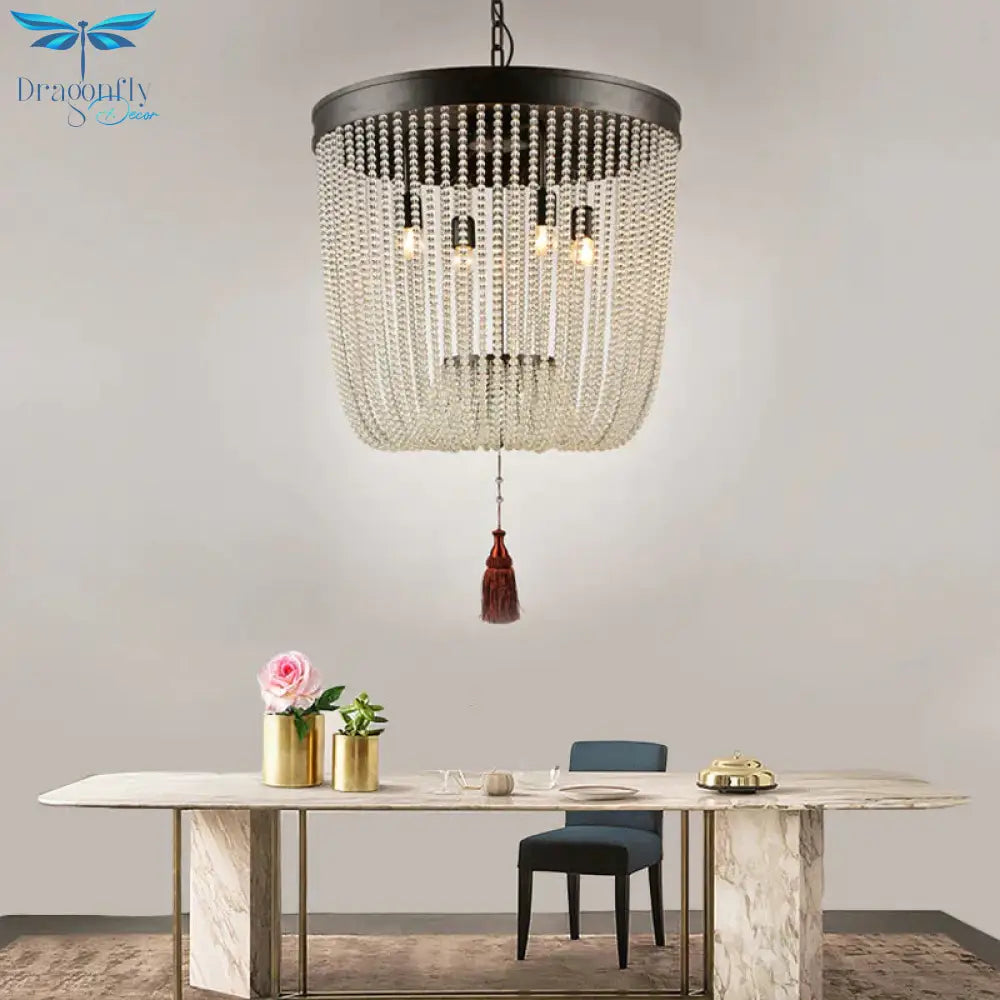 Tassel Crystal Hanging Chandelier Retro 4 Heads Black Ceiling Pendant Light For Restaurant