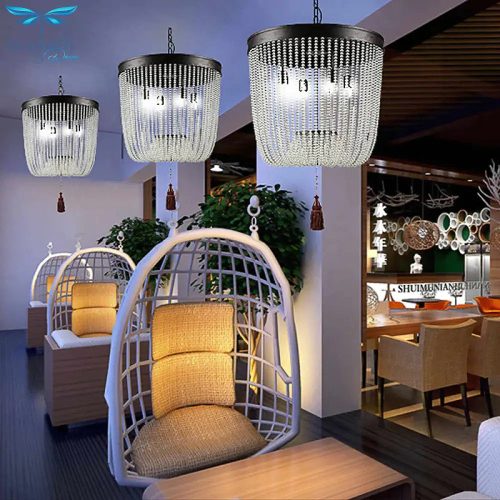 Tassel Crystal Hanging Chandelier Retro 4 Heads Black Ceiling Pendant Light For Restaurant