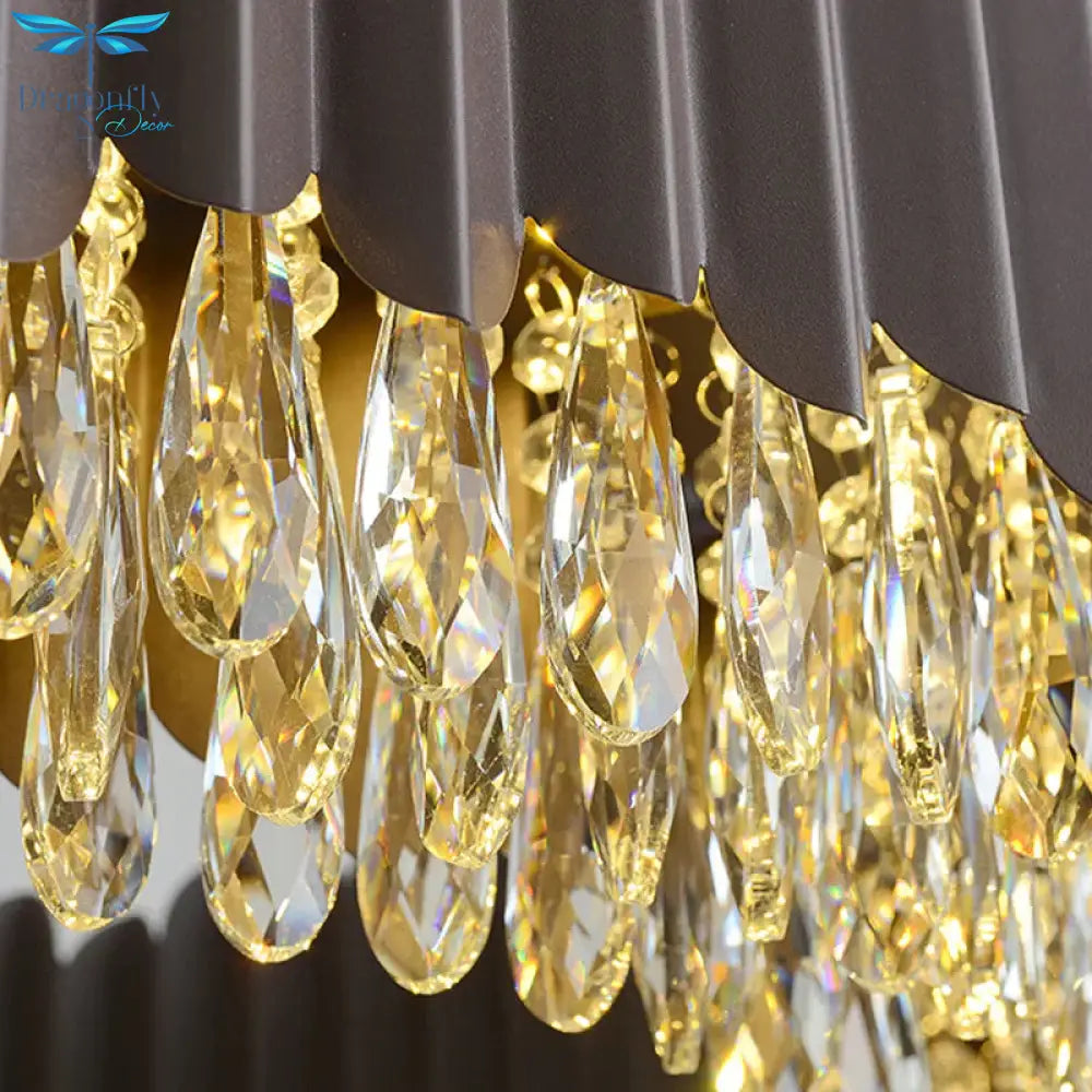 Teardrop Crystal Round Hanging Chandelier Postmodern Living Room Led Ceiling Pendant In Black