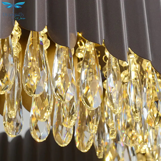Teardrop Crystal Round Hanging Chandelier Postmodern Living Room Led Ceiling Pendant In Black