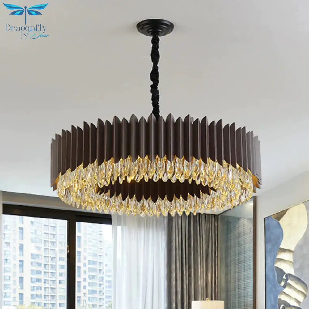 Teardrop Crystal Round Hanging Chandelier Postmodern Living Room Led Ceiling Pendant In Black