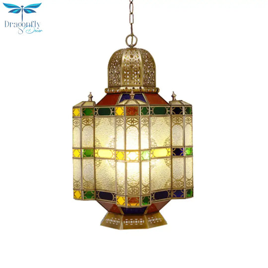 Textured Glass Brass Ceiling Pendant Lantern 6 - Head Chandelier Light Fixture For Restaurant