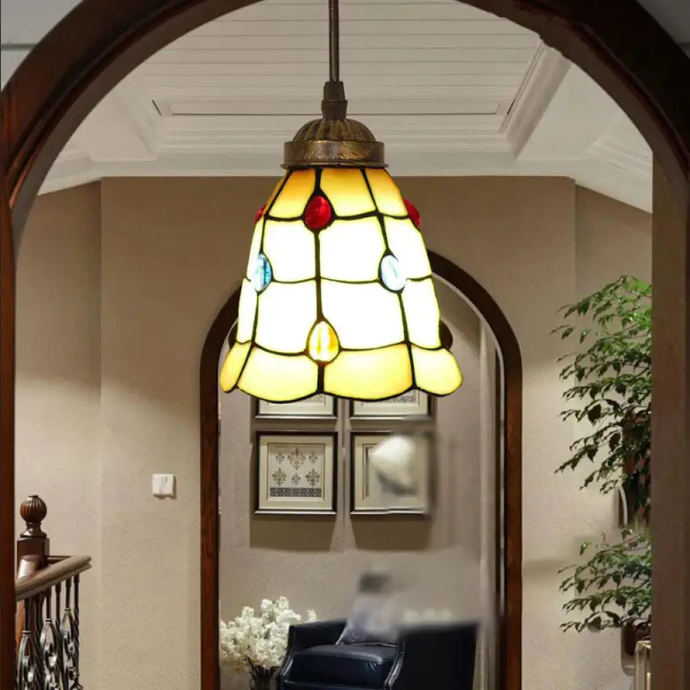 Tiffany Style Bell Shade Pendant Light Single Hand Cut Glass Suspension Fixture Beige / 6’