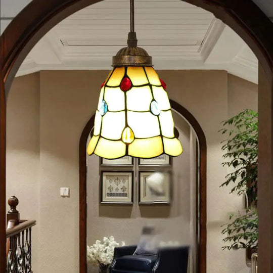 Tiffany Style Bell Shade Pendant Light Single Hand Cut Glass Suspension Fixture Beige / 6’