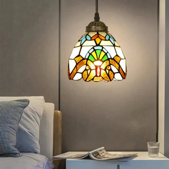 Tiffany Style Bell Shade Pendant Light Single Hand Cut Glass Suspension Fixture Khaki / 6’