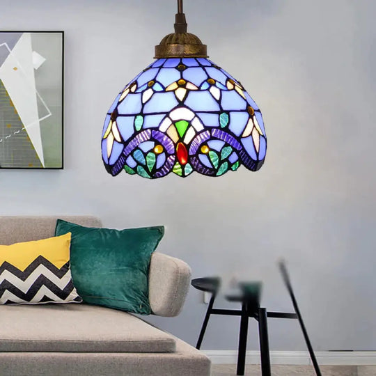 Tiffany Style Bell Shade Pendant Light Single Hand Cut Glass Suspension Fixture Purple / 8’