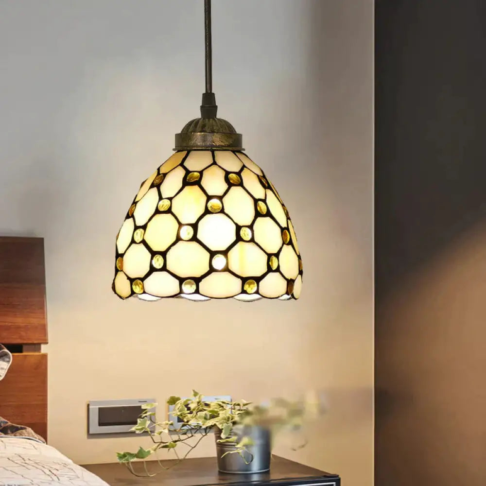 Tiffany Style Bell Shade Pendant Light Single Hand Cut Glass Suspension Fixture Yellow / 6’