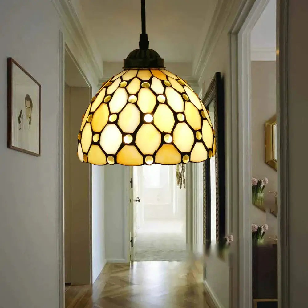 Tiffany Style Bell Shade Pendant Light Single Hand Cut Glass Suspension Fixture Yellow / 8’
