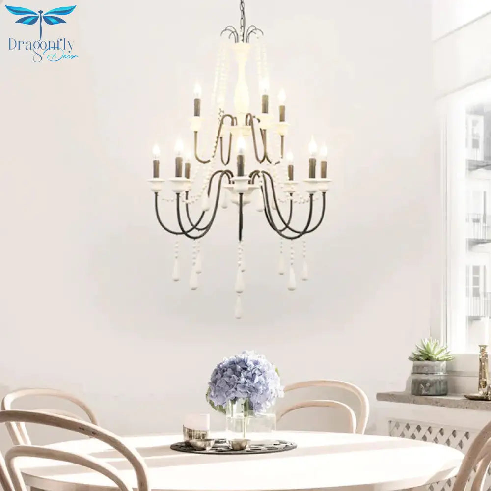 Traditional 2 - Tier Hanging Chandelier Metal 12 Bulbs Suspension Light In White With Wooden Drop