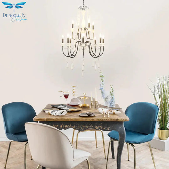 Traditional 2 - Tier Hanging Chandelier Metal 12 Bulbs Suspension Light In White With Wooden Drop