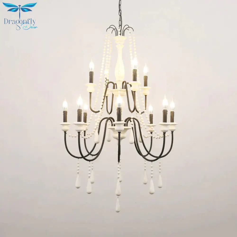 Traditional 2 - Tier Hanging Chandelier Metal 12 Bulbs Suspension Light In White With Wooden Drop