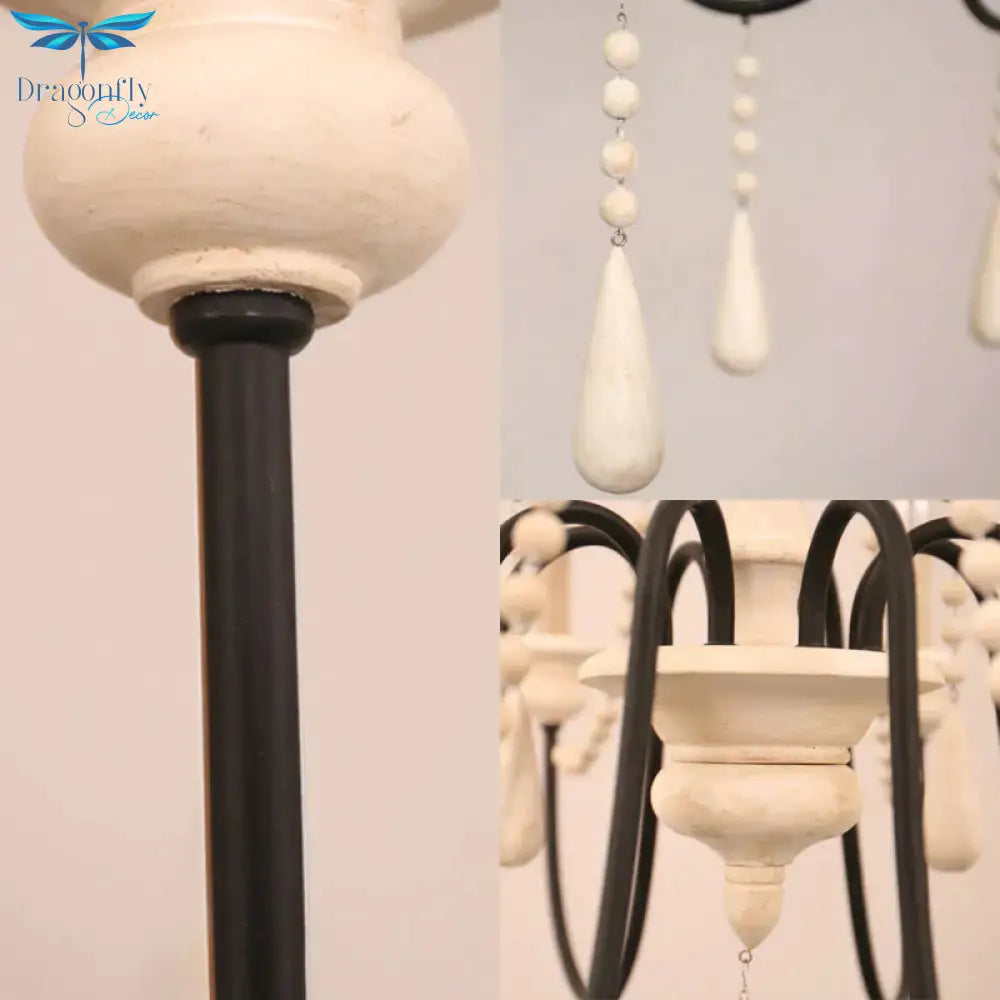 Traditional 2 - Tier Hanging Chandelier Metal 12 Bulbs Suspension Light In White With Wooden Drop
