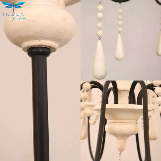 Traditional 2 - Tier Hanging Chandelier Metal 12 Bulbs Suspension Light In White With Wooden Drop