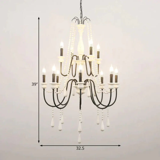 Traditional 2 - Tier Hanging Chandelier Metal 12 Bulbs Suspension Light In White With Wooden Drop