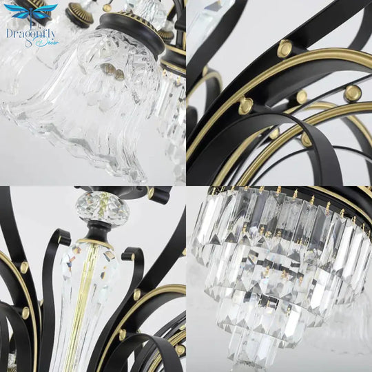 Traditional 6 - Light Chandelier Clear Crystal Shaded Floral Ceiling Pendant Light In Black