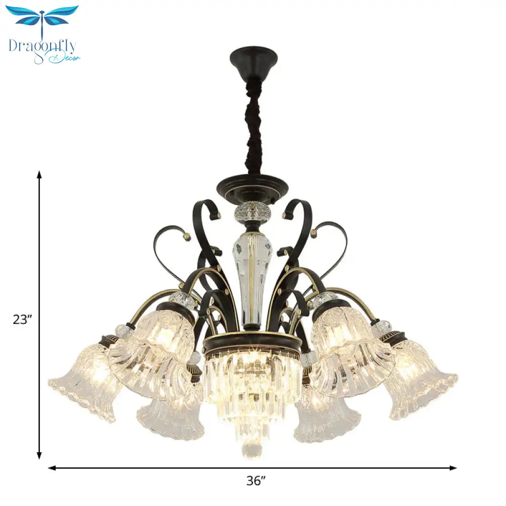Traditional 6 - Light Chandelier Clear Crystal Shaded Floral Ceiling Pendant Light In Black
