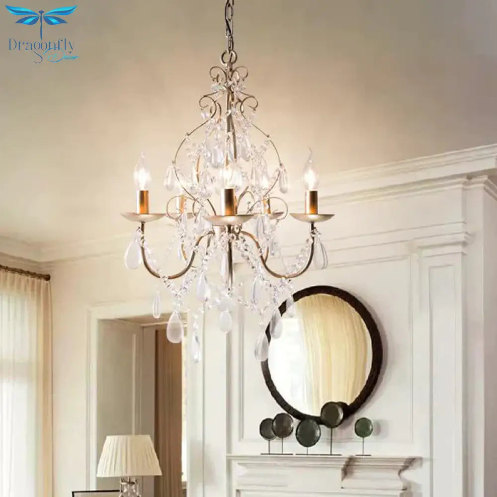 Traditional Antique Brass Crystal Teardrop Chandelier - 5 - Bulb Metal Candle Ceiling Fixture