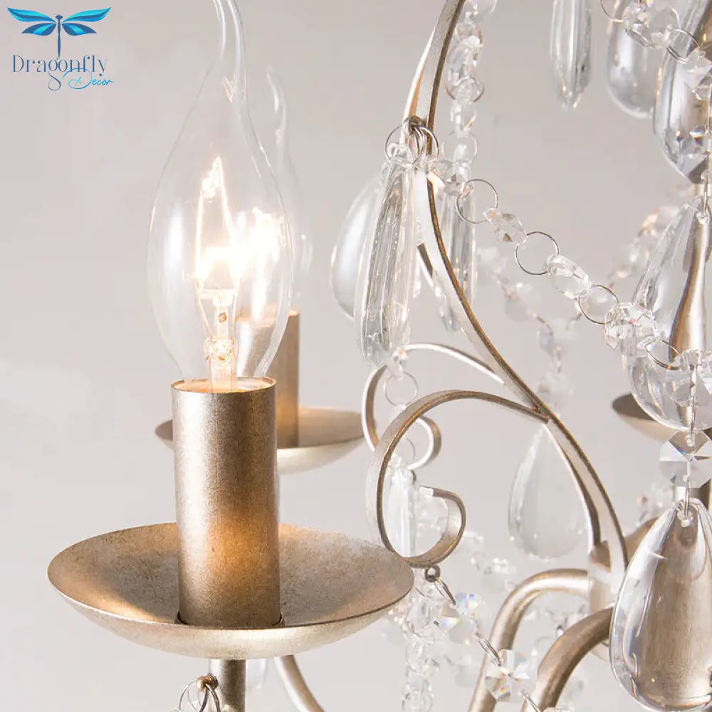 Traditional Antique Brass Crystal Teardrop Chandelier - 5 - Bulb Metal Candle Ceiling Fixture