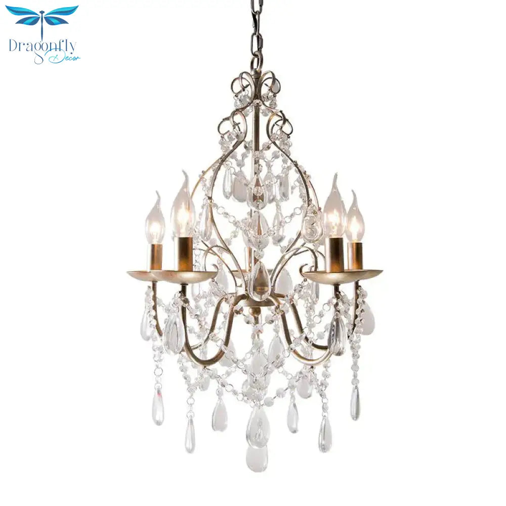 Traditional Antique Brass Crystal Teardrop Chandelier - 5 - Bulb Metal Candle Ceiling Fixture