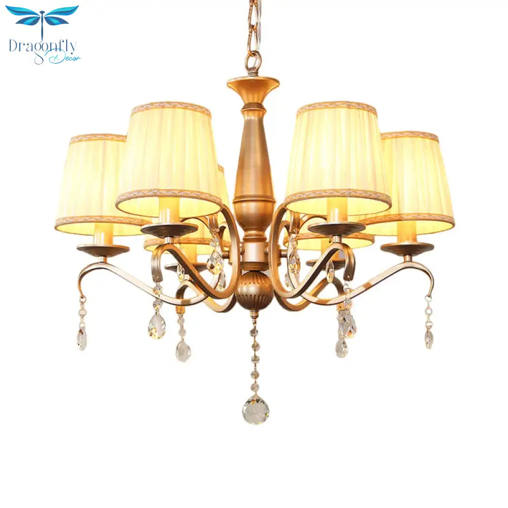 Traditional Barrel Shade Hanging Light 6 Bulbs Pleated Fabric Ceiling Chandelier With Gold Curved