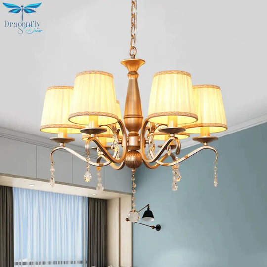 Traditional Barrel Shade Hanging Light 6 Bulbs Pleated Fabric Ceiling Chandelier With Gold Curved