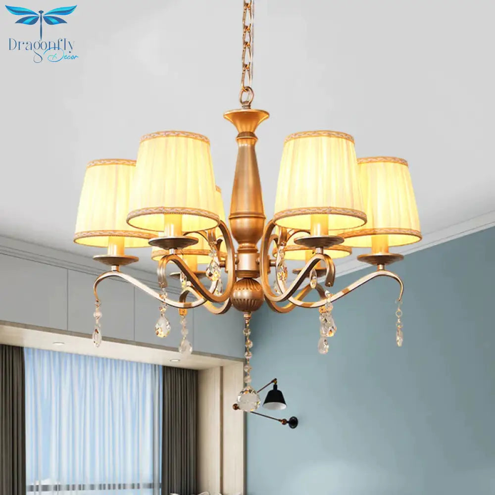 Traditional Barrel Shade Hanging Light 6 Bulbs Pleated Fabric Ceiling Chandelier With Gold Curved