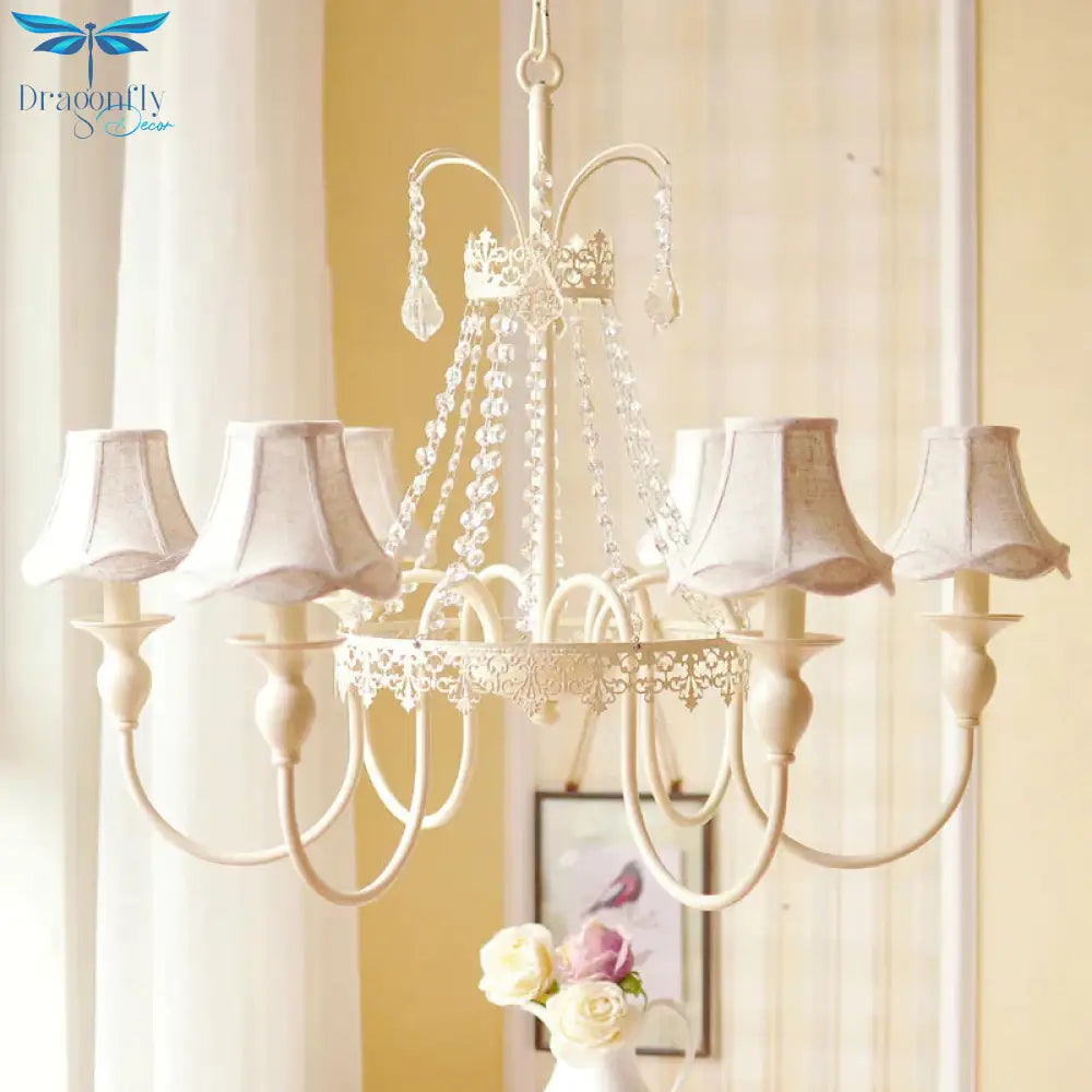 Traditional Bell Chandelier Lighting Fixture 6 Heads Crystal Pendant Ceiling Light In White