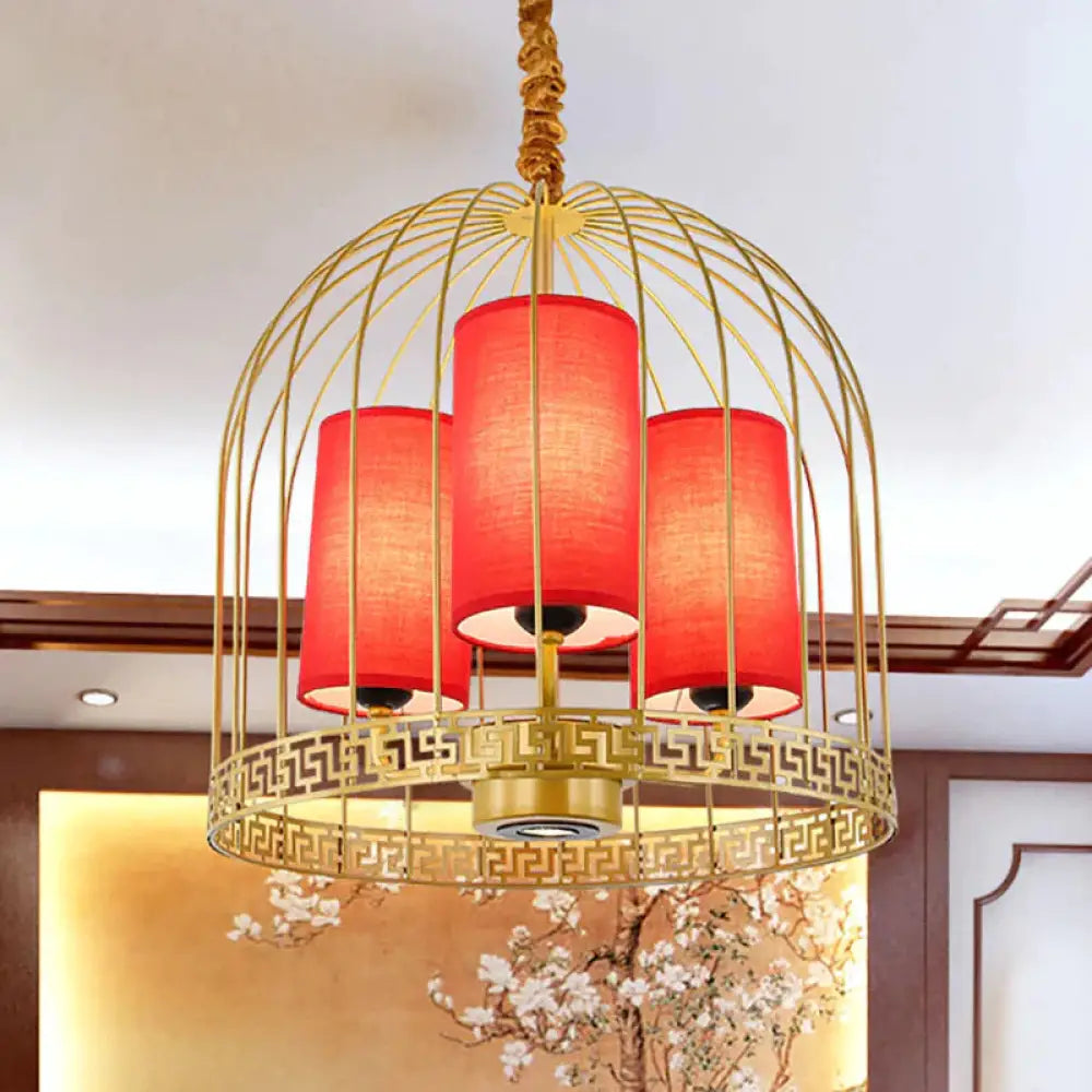 Traditional Birdcage Chandelier Light Metal 3/5 Lights Restaurant Black/Gold Ceiling Lamp With Red