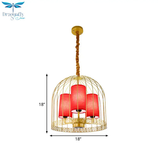 Traditional Birdcage Chandelier Light Metal 3/5 Lights Restaurant Black/Gold Ceiling Lamp With Red