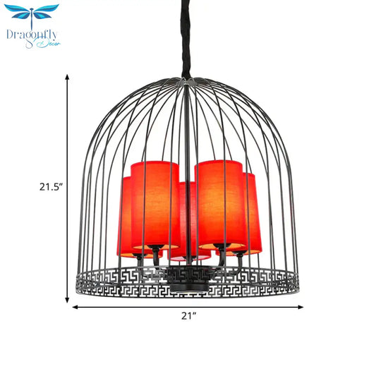 Traditional Birdcage Chandelier Light Metal 3/5 Lights Restaurant Black/Gold Ceiling Lamp With Red