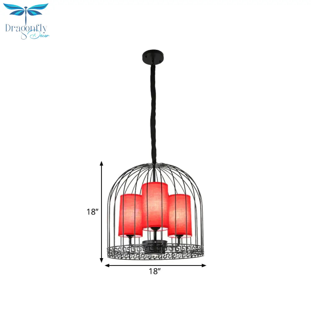 Traditional Birdcage Chandelier Light Metal 3/5 Lights Restaurant Black/Gold Ceiling Lamp With Red