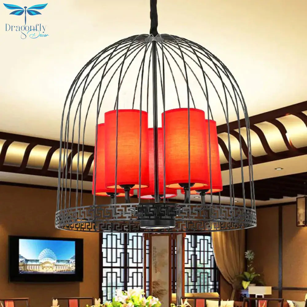 Traditional Birdcage Chandelier Light Metal 3/5 Lights Restaurant Black/Gold Ceiling Lamp With Red