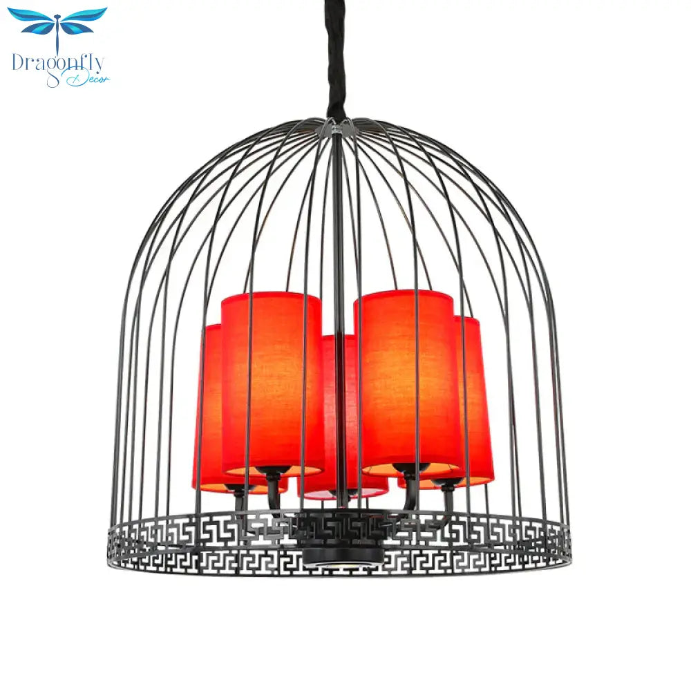 Traditional Birdcage Chandelier Light Metal 3/5 Lights Restaurant Black/Gold Ceiling Lamp With Red