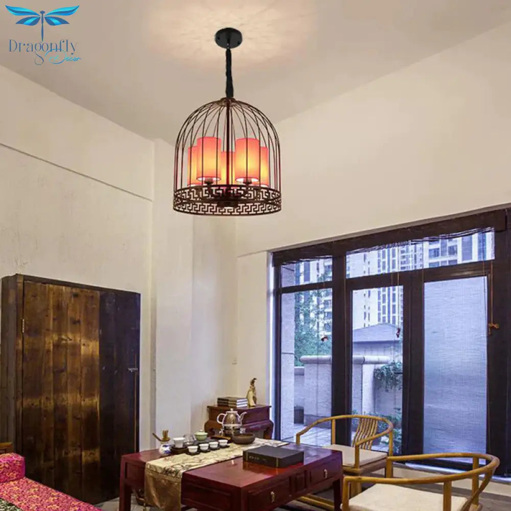 Traditional Birdcage Chandelier Light Metal 3/5 Lights Restaurant Black/Gold Ceiling Lamp With Red