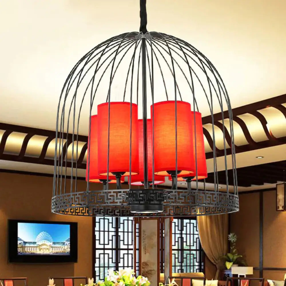 Traditional Birdcage Chandelier Light Metal 3/5 Lights Restaurant Black/Gold Ceiling Lamp With Red