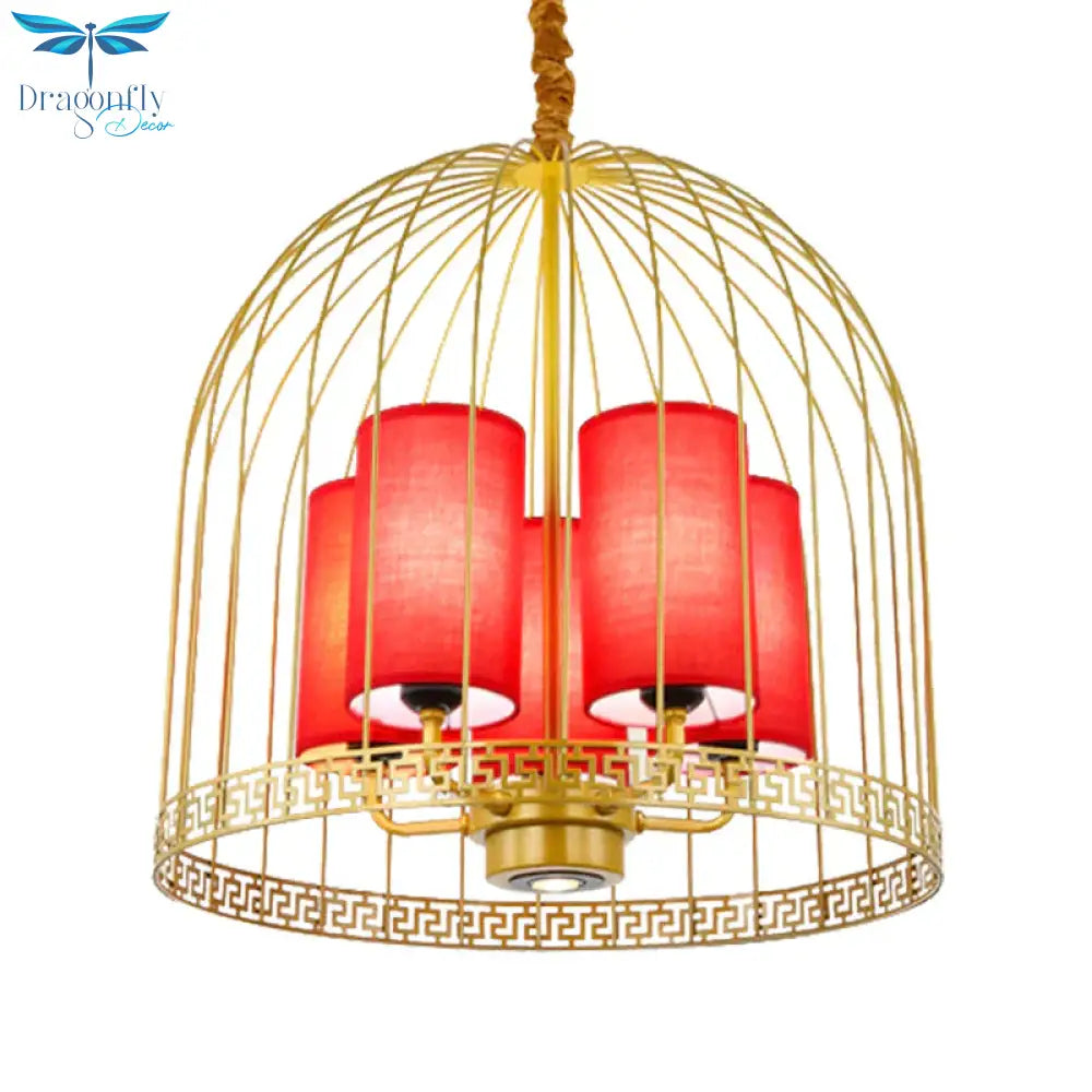 Traditional Birdcage Chandelier Light Metal 3/5 Lights Restaurant Black/Gold Ceiling Lamp With Red
