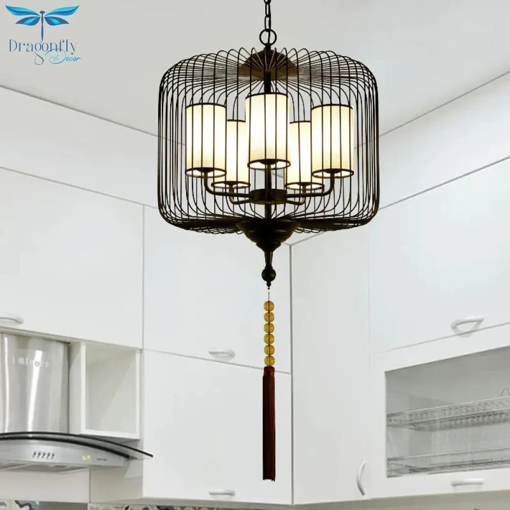 Traditional Black Cylinder Tea House Hanging 5 Light Pendant Chandelier