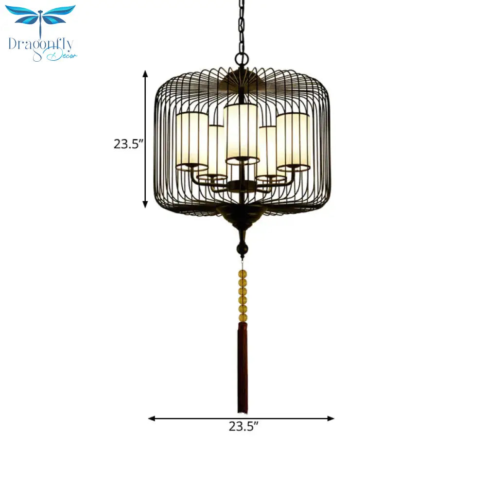 Traditional Black Cylinder Tea House Hanging 5 Light Pendant Chandelier