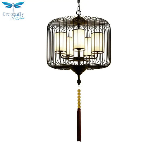 Traditional Black Cylinder Tea House Hanging 5 Light Pendant Chandelier