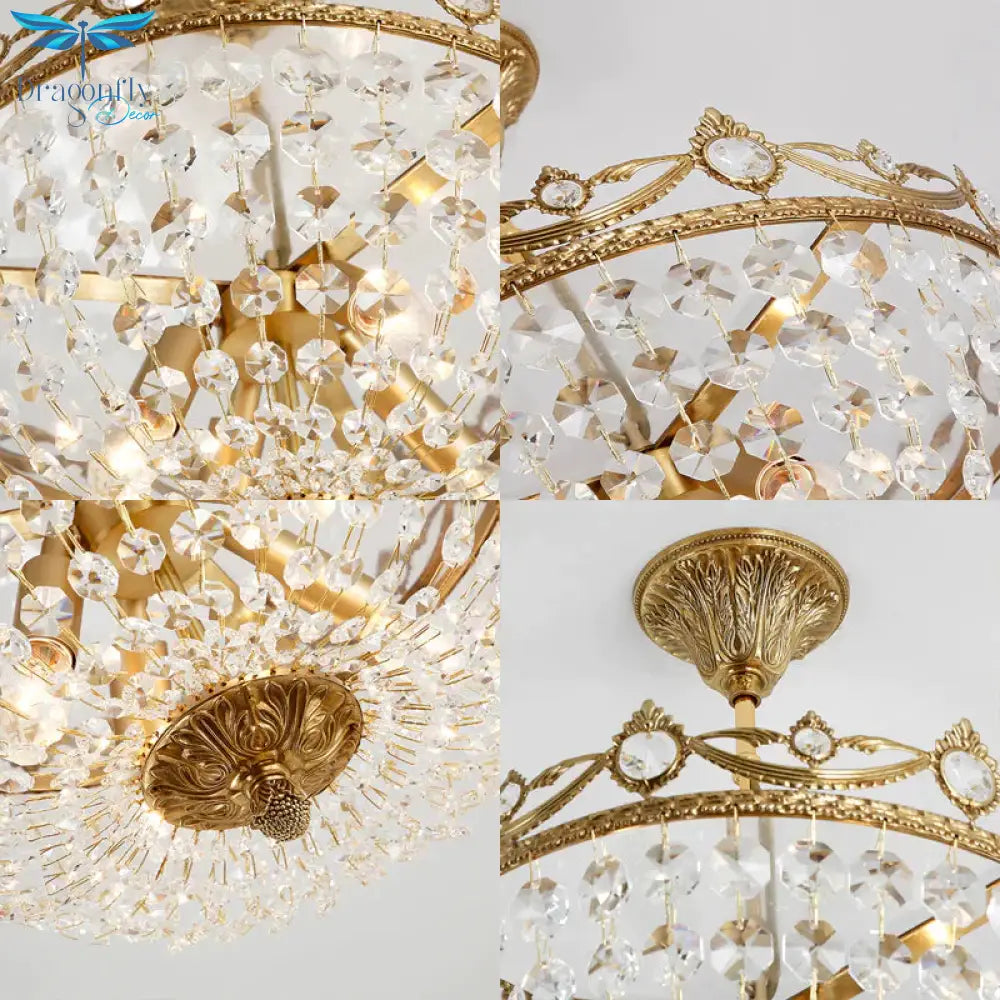 Traditional Bowl Hanging Chandelier Crystal 4 Bulbs Suspension Light In Brass For Hallway