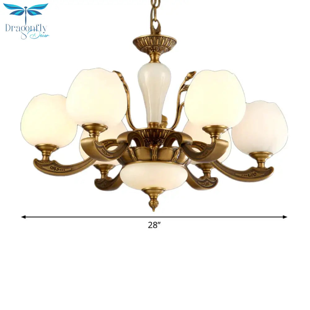 Traditional Bud Shaped Hanging Lamp 3/6 Lights Frosted White Glass Chandelier In Brass