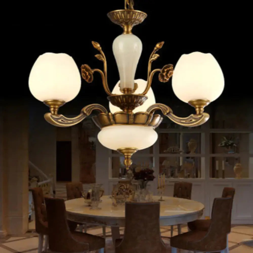 Traditional Bud Shaped Hanging Lamp 3/6 Lights Frosted White Glass Chandelier In Brass 3 /
