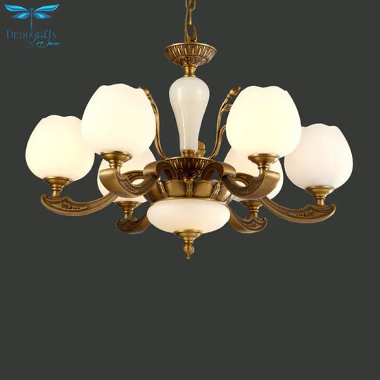 Traditional Bud Shaped Hanging Lamp 3/6 Lights Frosted White Glass Chandelier In Brass