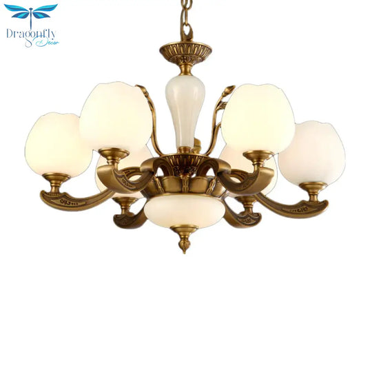 Traditional Bud Shaped Hanging Lamp 3/6 Lights Frosted White Glass Chandelier In Brass