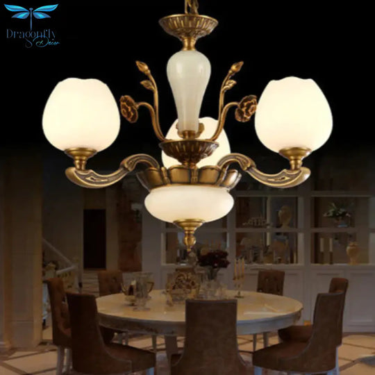Traditional Bud Shaped Hanging Lamp 3/6 Lights Frosted White Glass Chandelier In Brass