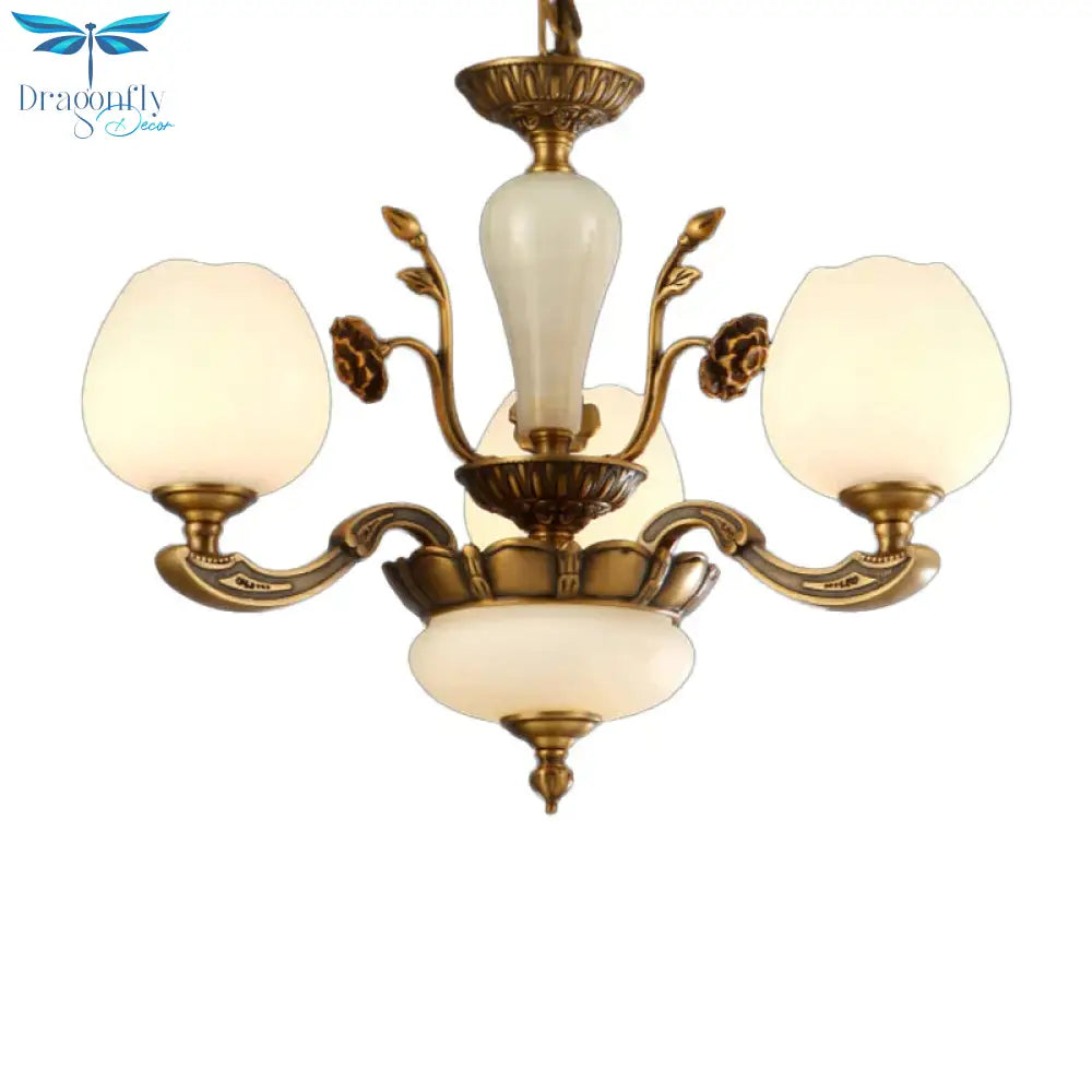 Traditional Bud Shaped Hanging Lamp 3/6 Lights Frosted White Glass Chandelier In Brass
