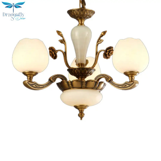 Traditional Bud Shaped Hanging Lamp 3/6 Lights Frosted White Glass Chandelier In Brass